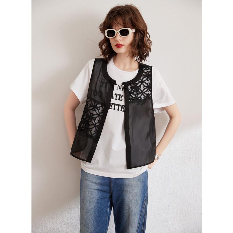 Women's 3D Floral Chiffon Vest with Frog Buttons