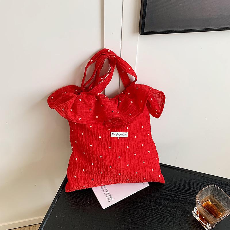 2025 spring and summer new mesh shoulder bag fairy wind lotus leaf edge handbag female vacation sewn chiffon tote bag