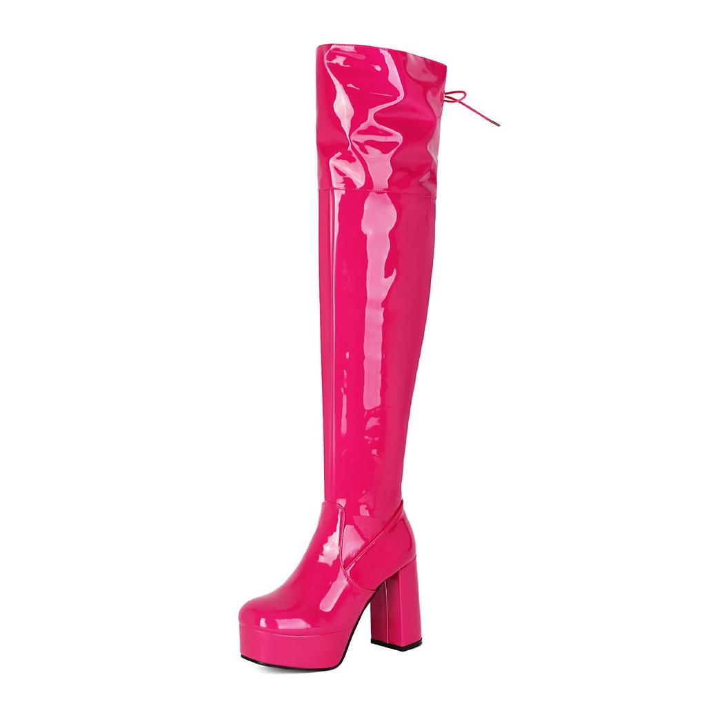 Stivali da Donna Eleganti in Vernice con Plateau e Tacco Chunky, Sopra il Ginocchio