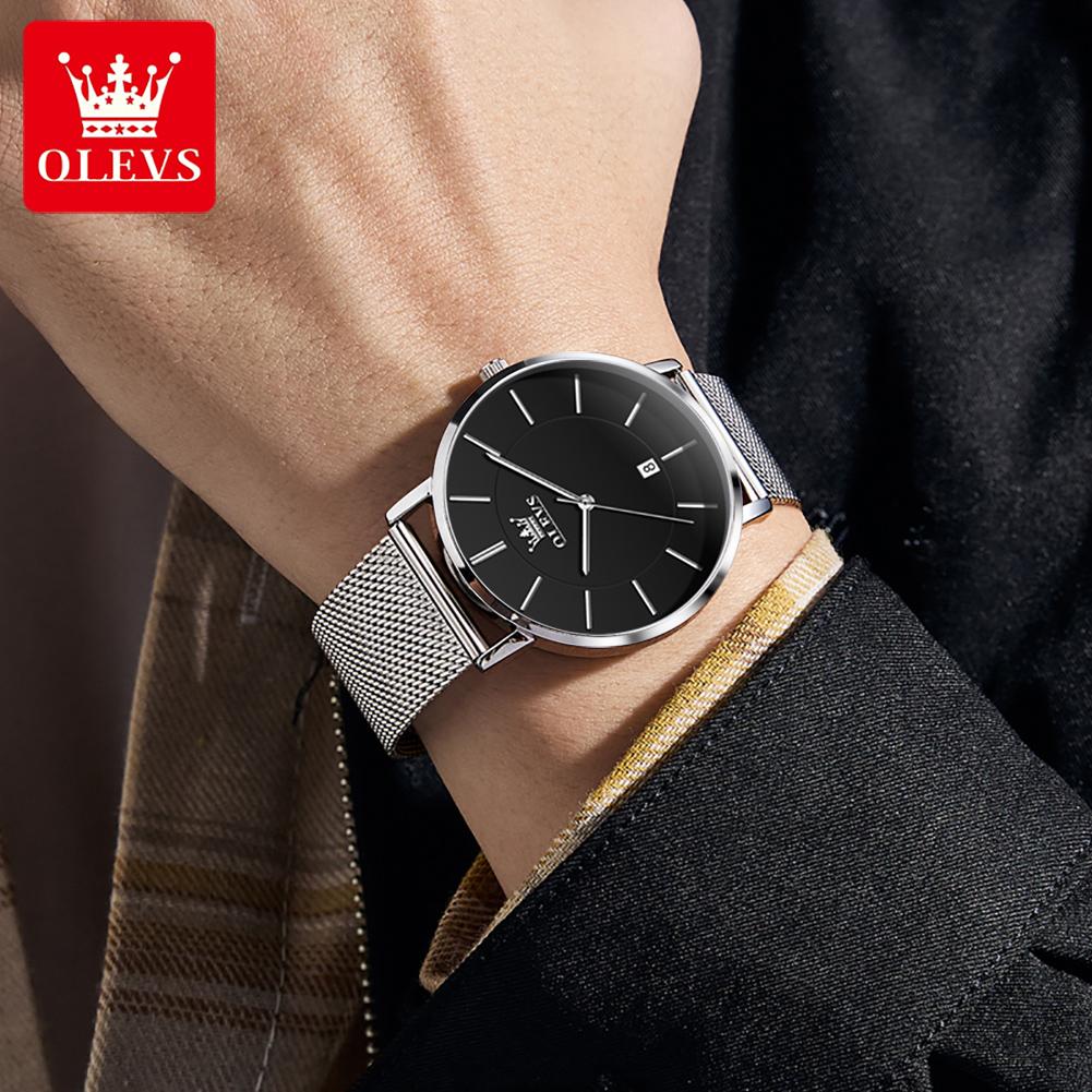 OLEVS Ultra Thin 6.5mm Minimalist Fashion Quartz Watch for Men Mesh Steel Strap Auto Date Waterproof Men Wristwatches