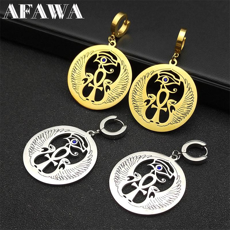 Anka Cross Egyptian Eye of Horus Hoop Earrings for Women Stainless Steel Gold Color Egypt Blue Eyes Earring Jewelry E8074S02