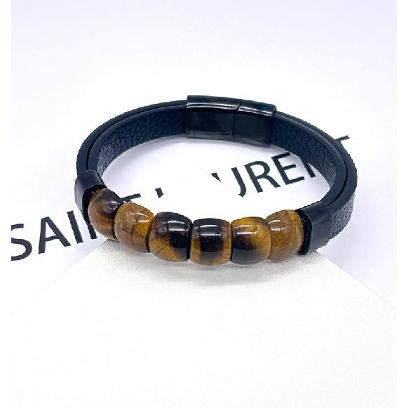 Men's Leather Tiger Eye Stone Bracelet Leather Stainless Steel Buckle Retro Jewelry