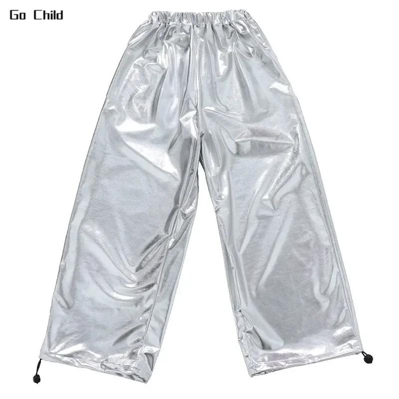 Girls K-pop Silver Crop Hoodies Shiny Cargo Pants Street Dance Shorts Kids Hip Hop Streetwear Children Jazz Hi Tech Clothes Sets