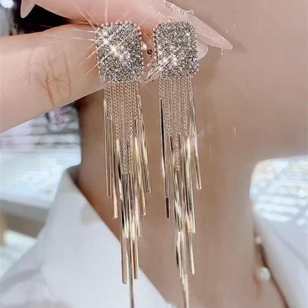 Golden Rhinestone Tassel Stud Earrings for Women - Elegant 2025 Design Gold with White Rhinestone