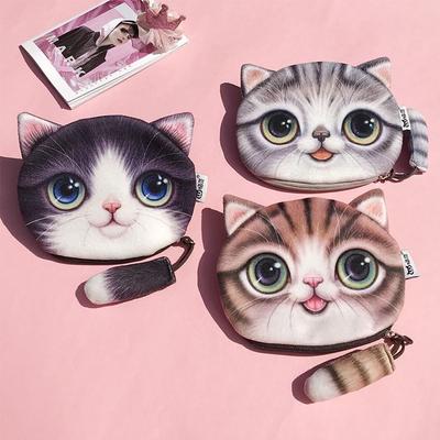 Porta-moedas Criativo com Rosto de Gato 3D Bolsa de Moedas Macia de Pelúcia Design de Cauda de Gato Bolsa de Cosméticos Padrão Animal Bolsa para Celular Para Mulher Meninas