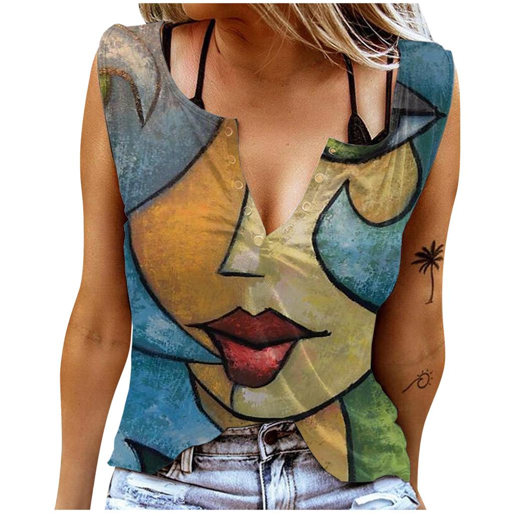 Tancuri de damă Sexy cu decolteu în V Topuri de vară fără mâneci Vestă Topuri colorate de frumusețe cu imprimare 3D