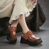 Johnature Sandale Retro cu Vârf Rotund și Talpă Groasă Versatile din Piele Naturală cu Toc Gros Pantofi cu Platformă pentru Femei