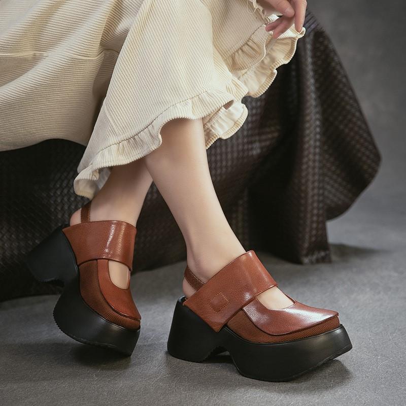 Johnature Sandale Retro cu Vârf Rotund și Talpă Groasă Versatile din Piele Naturală cu Toc Gros Pantofi cu Platformă pentru Femei