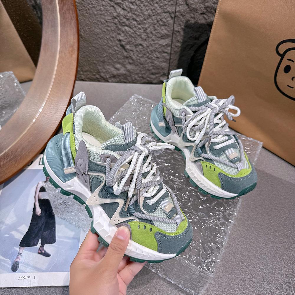 Damen klobige Sneaker Frühling Neu Atmungsaktives Mesh Mode Color Blocking Designerschuhe Trendig Vielseitig Freizeit Sportschuhe