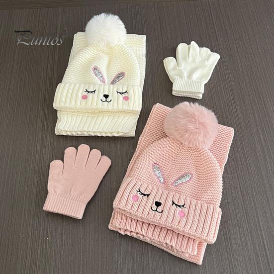 Warm Knitted Hat for Toddlers Winter Gloves Scarf Set Kids, Pompom Hat, Cute Essentials Bunny Embroidery, Cozy Boys Girls Ages 2 to 6 Outings