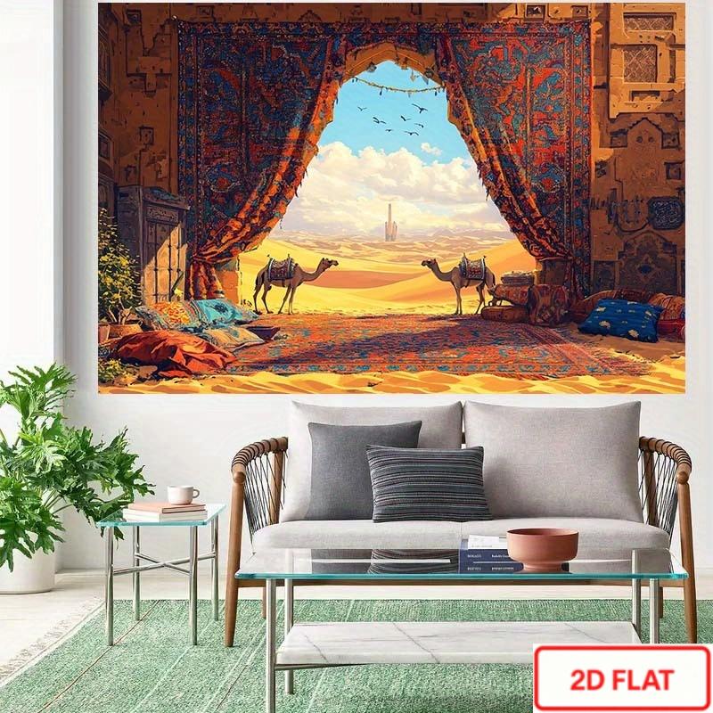 One piece of background fabric for an Arabian desert scene featuring patterns of camels carpets and throw pilloDJH