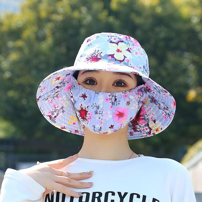 Women's Lightweight Floral Bucket Hat with Detachable Face Cover Breathable Anti-UV for Hiking Camping Vacation