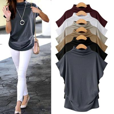 Plus Size Women Plain T-Shirt Short Batwing Sleeve Side Pleats Turtleneck Top
