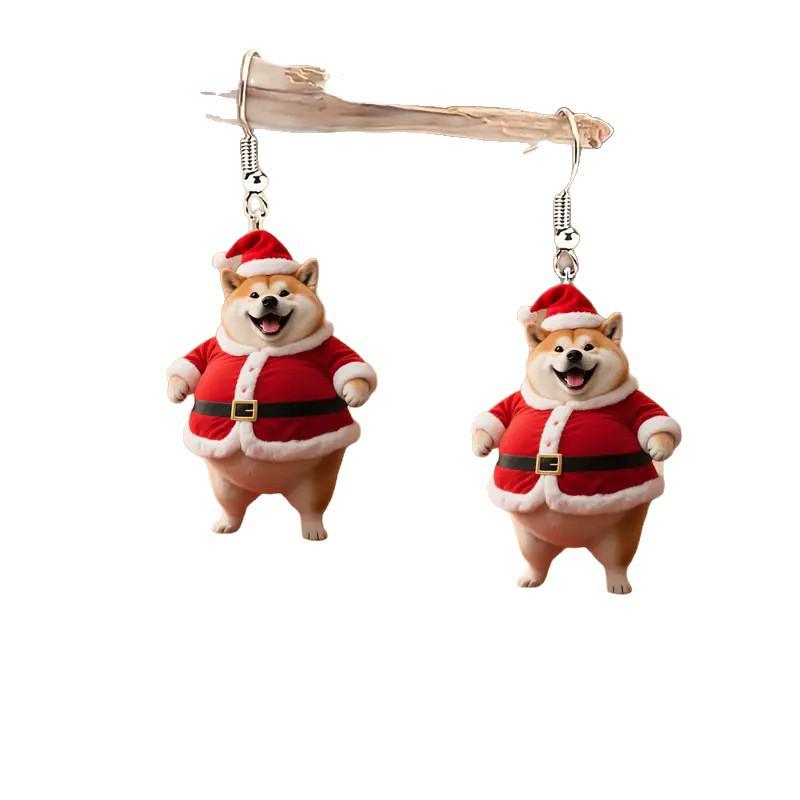 Cute Chubby Dog Christmas Earrings with Red Santa Hats