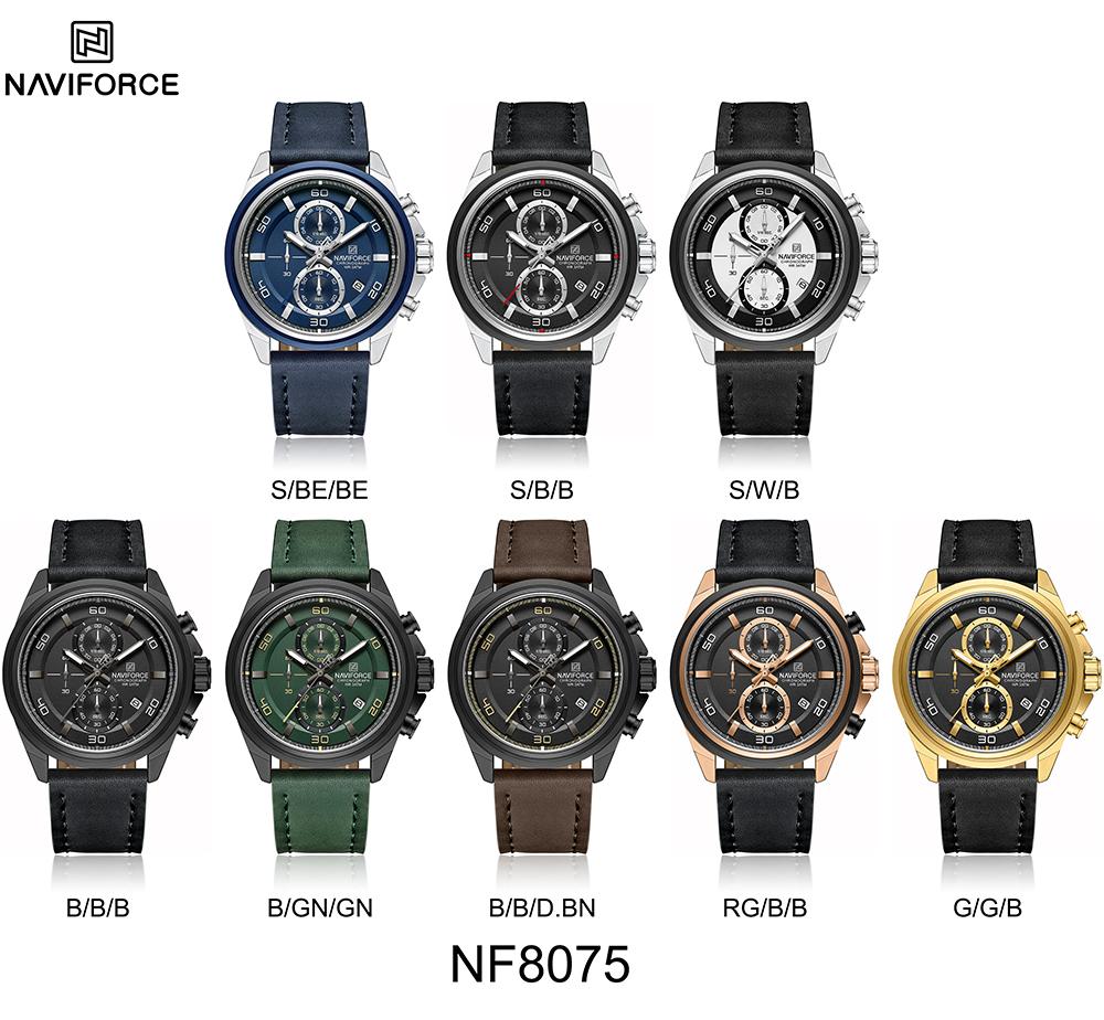 NAVIFORCE Men's Leather Watch Stopwatch Chronograph Calendar Luminous Hand Waterproof 3ATM Casual Business Fashion Watch NF8075