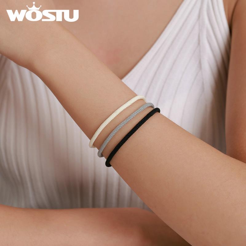 WOSTU 100% Real 925 Silver Red Black Gray White Rope Bracelet Classic Lucky Bangle Fit Beads Charms DIY Jewelry Making