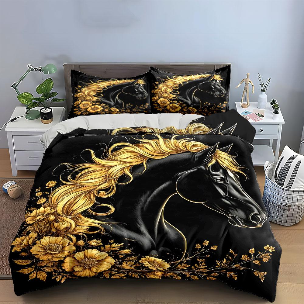 Golden Floral Horse Art Set  Kid'S And Adults' Bedroom Decor, Exquisite Three-Piece Bedding Set Gift