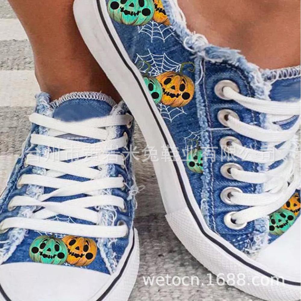 

Хэллоуин Вестерн Хэллоуин Джек Тыква Монстр Принт Грубый Край Холщовые Туфли Женские Большие Размеры Плоская Обувь 43 синий