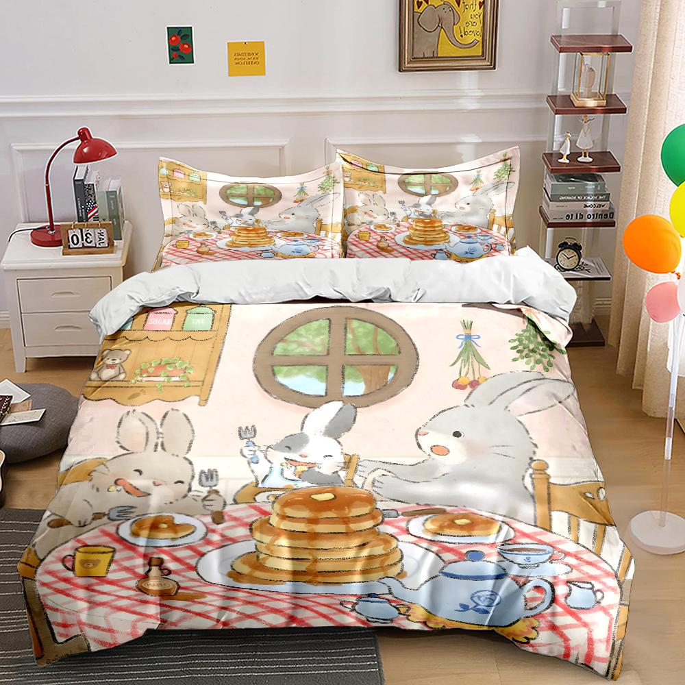 Warm and Cozy Rabbit Family Dinner Theme Bedding Set for Kids Luxury Gift 3pcs Digital Print Comforter Set Soft Comfortable