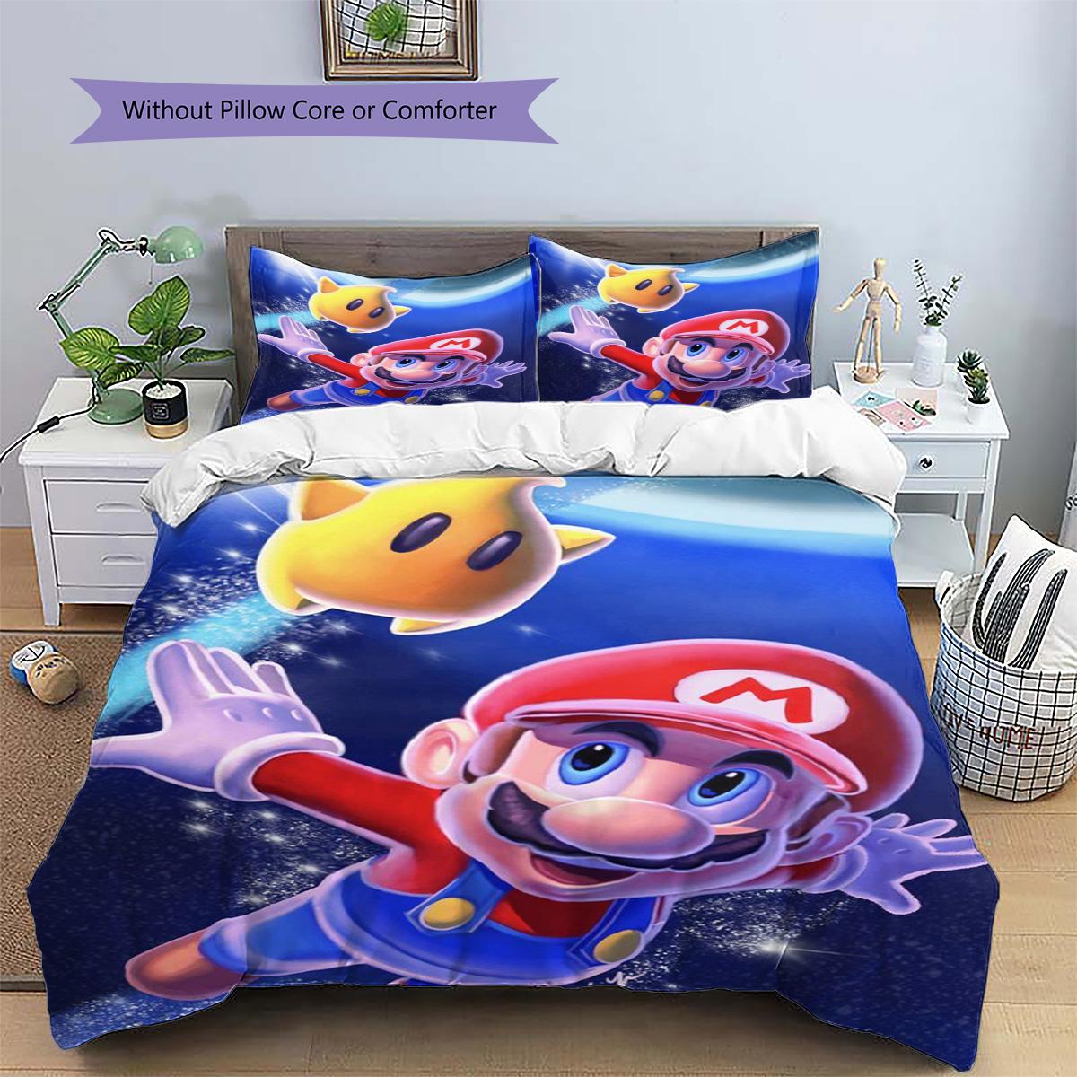 Mario Patterned Pillowcase & Duvet Cover Set Anime Trendy Themed Bedding for Bedroom Decor Holiday Choice 135x200cm
