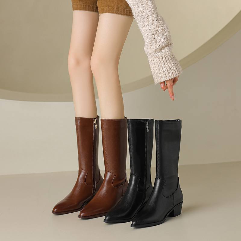 Krazing Pot Cow Leather Winter Pointed Toe Thick Med Heels Western Boots Women Zipper Retro Vintage Mid-calf Boots