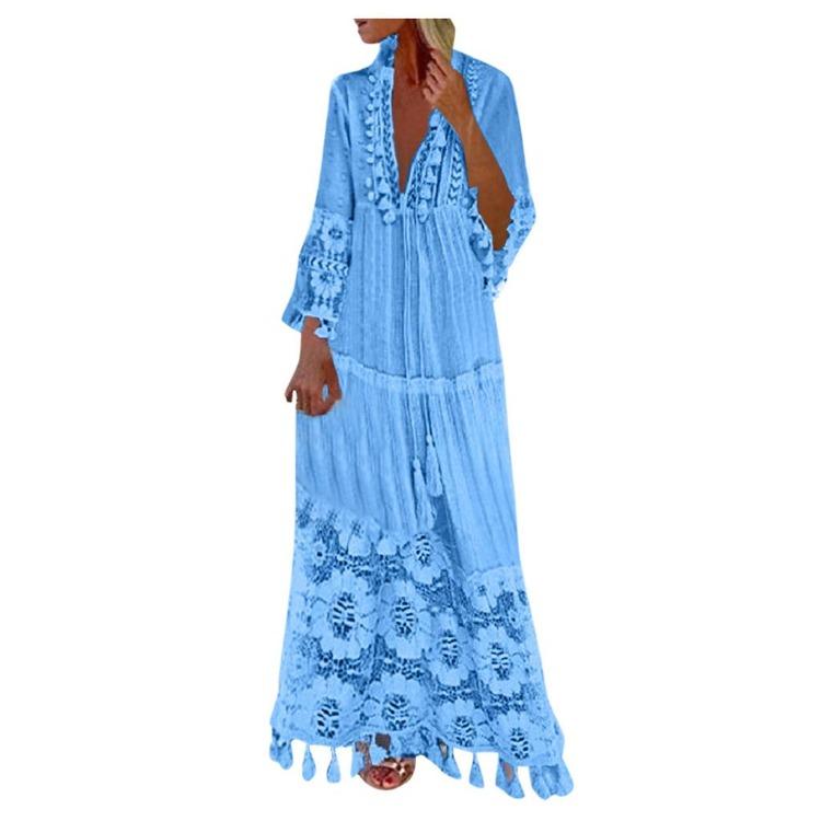 Bohemian Casual Fashion Long Dress V Neck Lace Tassel Large Size Solid Color