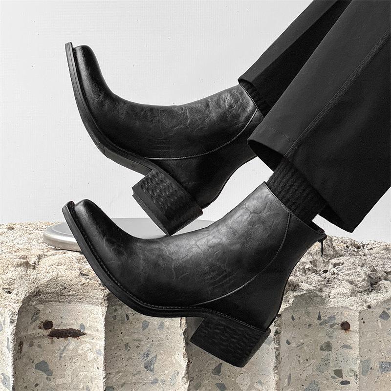 men fashion black brown high chelsea boots designer pointed toe upturned shoes cowboy genuine leather boot punk goth ankle botas