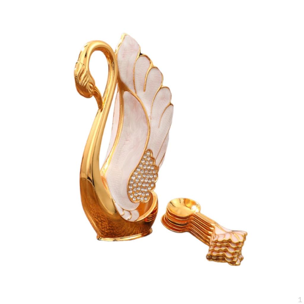 Swan Spoon Holder Shiny Metal Finish Dessert Organizer Rhinestone Cutlery Set for Table