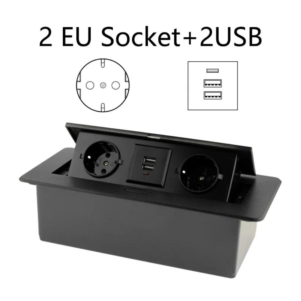 Aluminum Panel Desk Socket EU Socket Desktop Outlet With Cable Plug Hidden Socket  Kitchen Counter