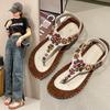 Bohemia Sandals for Women Beach One Word Woman Shoes Flat Rubber Summer 2025 Comfortable Wholesale Shoe Luxury Designer Trending