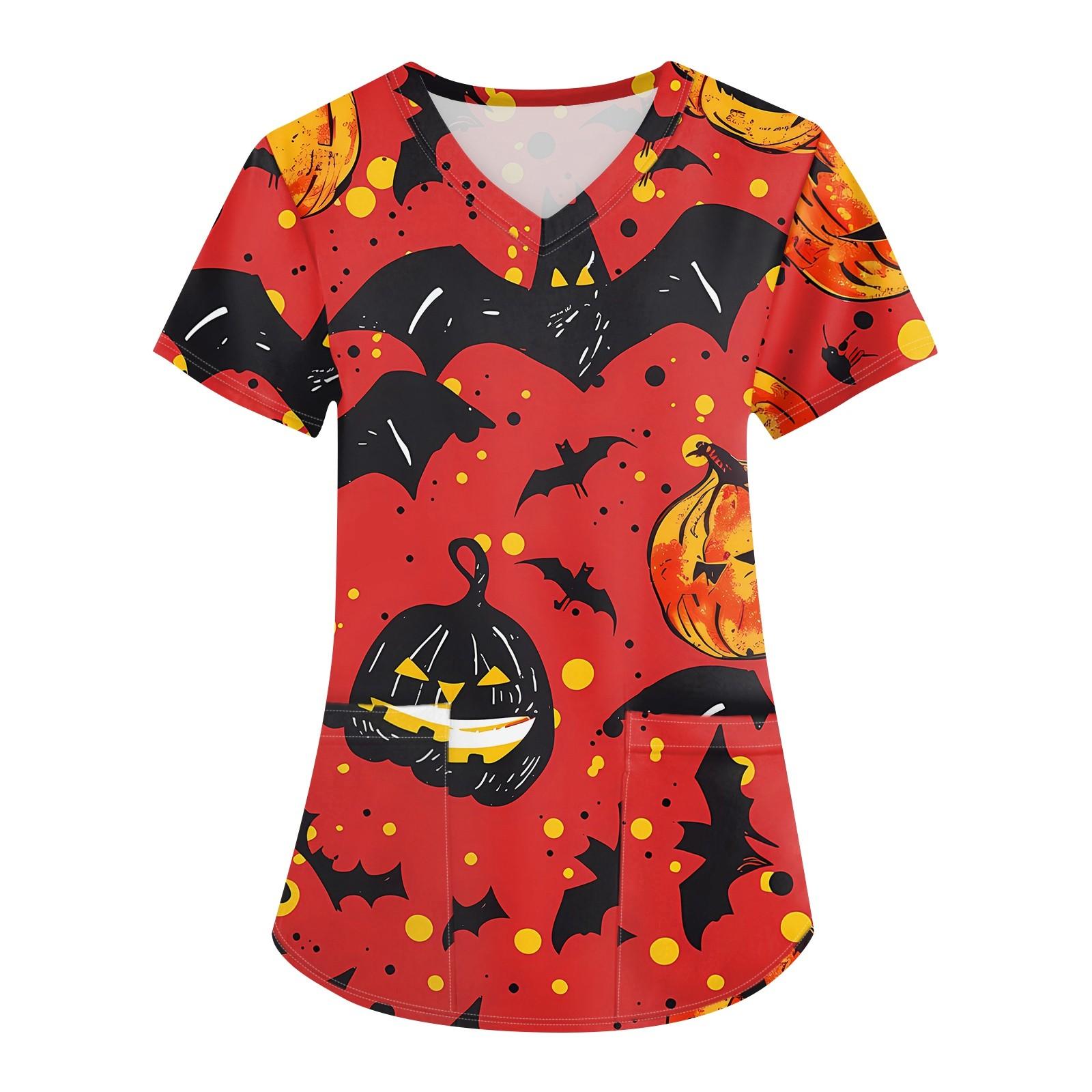 

Женская мода V-образным вырезом с короткими рукавами и карманами Топы с принтом на Хэллоуин S киноварь