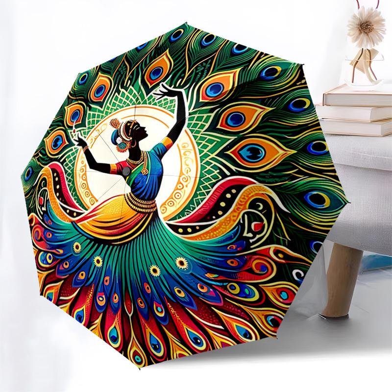

1pc Peacock Feather Design Automatic Folding Umbrella - Portable 3-Fold Design, 8-Rib Iron Frame Outdoor Umbrella, Festival Gift for Fans, Travelers,
