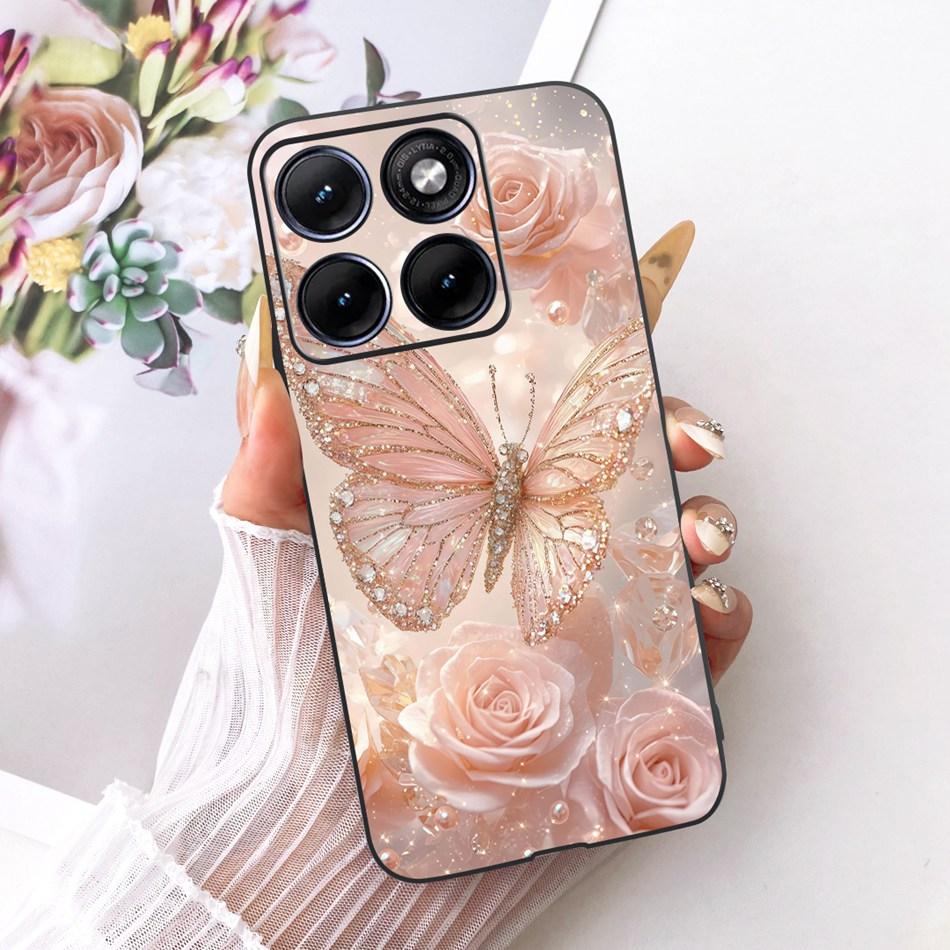 Für Motorola Edge 70 Fusion Niedliche Blume Schmetterling Katze Bemalte Hülle Für Motorola Edge70 Fusion 5G Schwarzes Silikon Weiche Handyhüllen