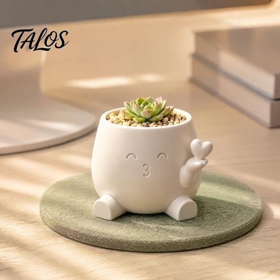 Small Decorative Pot for Window Sill Cute Succulents Planter, 3D Printed Plant with Hand Holding Heart, Ceramic Look Matte White Planter Resin Flower