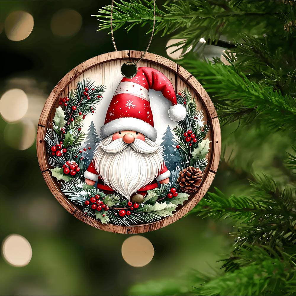 Rustic Santa Gnome Woodland Wreath Design Acrylic Christmas Tree Ornament Festive Home Decor Holiday Gift Hanging Bauble Christmas Party Supplies