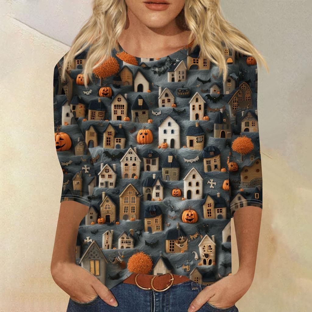 3/4 Sleeve Shirts For Women Cute 3D Halloween Printed Graphic Tees Blouses Casual Plus Size Basic Tops Pullover