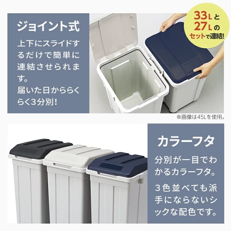 Coș de gunoi Asbel cu set exterior de 3 articulații pentru a putea fi separat pe culori A6644 Capac, 33L, 33L, 27L, Sortare, Articulat, Alb, Albastru, Negru,