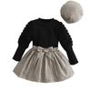 Set di Moda Autunnale per Ragazze con Top alla Moda a Maniche a Palloncino e Elegante Gonna di Lana a Quadri con Cappello
