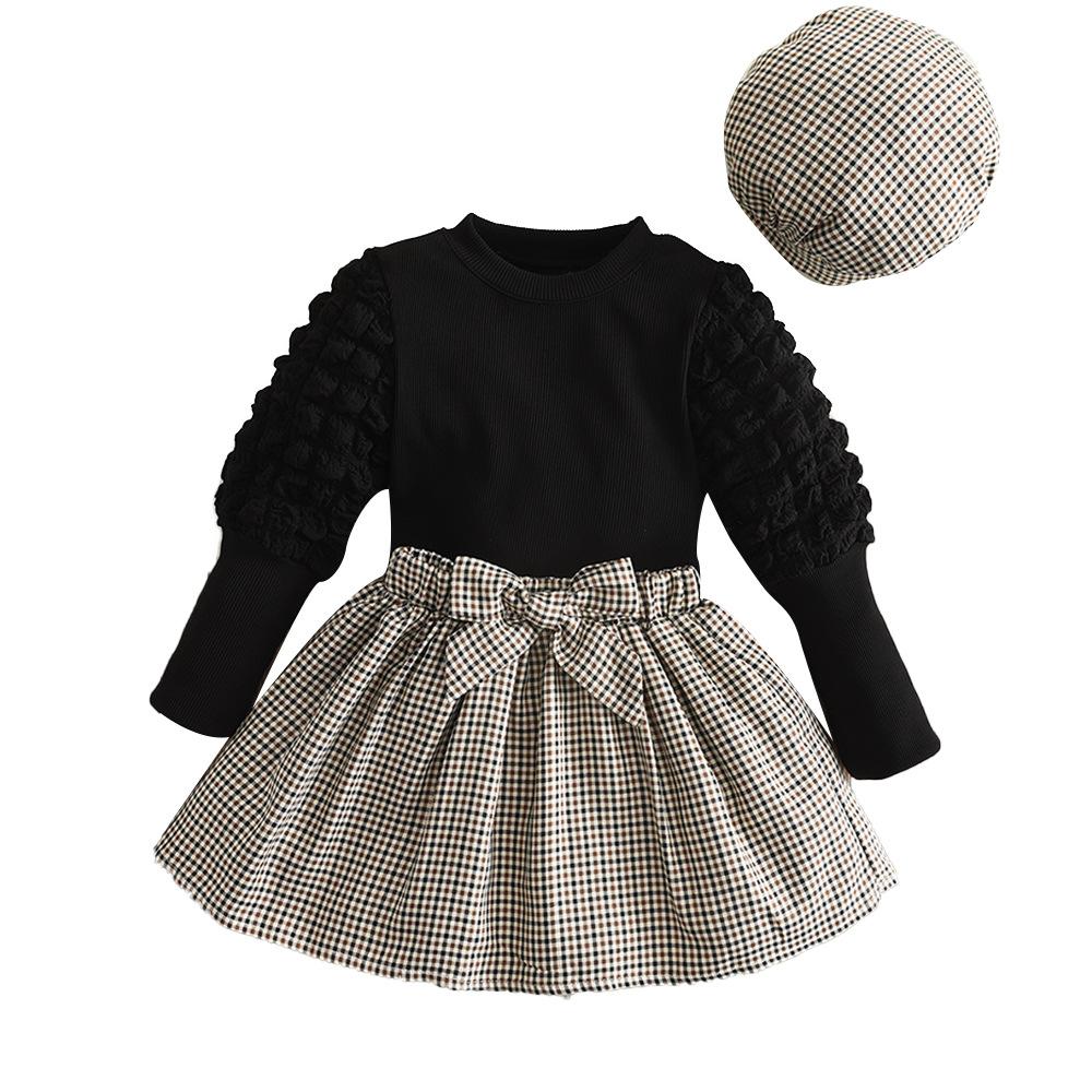 Set di Moda Autunnale per Ragazze con Top alla Moda a Maniche a Palloncino e Elegante Gonna di Lana a Quadri con Cappello
