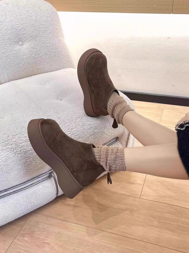 Thick-soled Winter Snow Boots Women's 2025 New Round Head Fleece Short Boots Muffin Back Zipper British Cotton Shoes