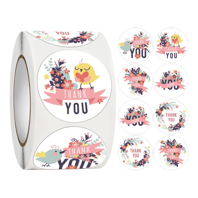 500-Roll 3.8cm Floral Thank You Stickers: Round Adhesive Labels for Gift Wrapping & Sealing