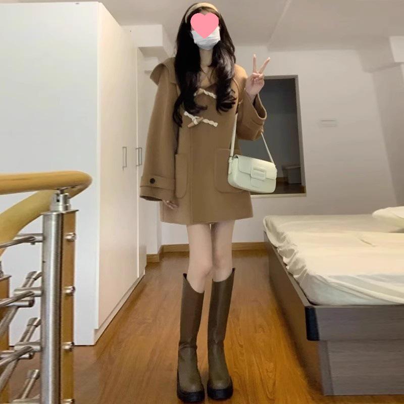 Женские шерстяные весенне-осенние пальто 2025 - Короткие, для миниатюрных, роговые пуговицы, Высококачественные, Хит продаж XXL (65-70kg)