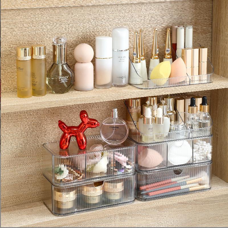 Transparent PET Mirror Cabinet with Compartment Drawers - Stackable Desktop Cosmetics Organizer.