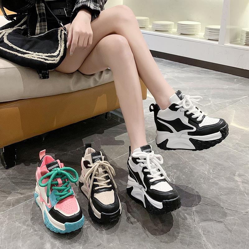 fashion Women Chunky Sneakers 9.5CM Heels Winter Thick Sole Casual Vulcanized Shoes High Platform Leather Sneakers Woman Free Ship
