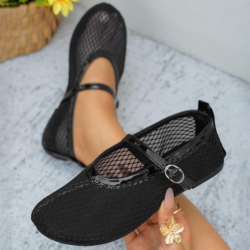 Fashion French Mary Jane Single Shoes Women's 2025 Summer New Flat Breathable Mesh Cutout Woven Fishnet Sandals