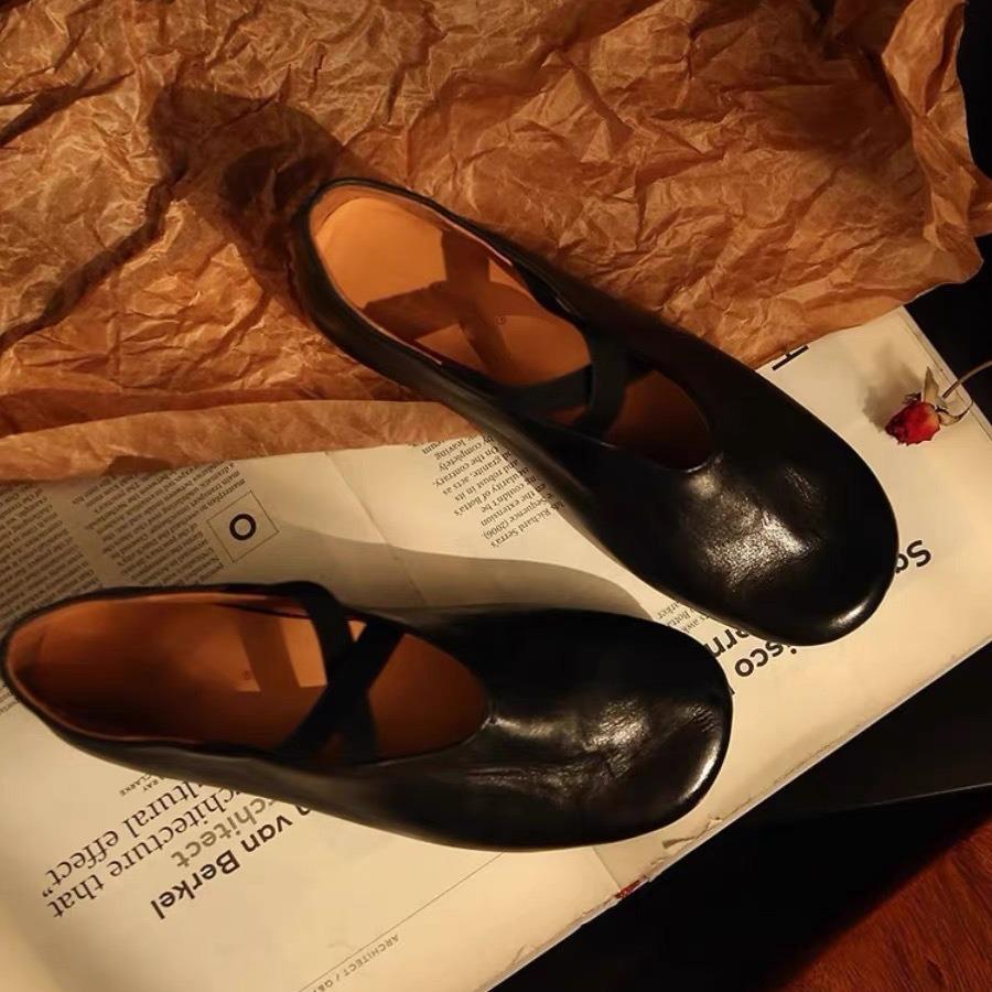 Cowhide version~ round head crossed strap flat-soled ballet shoes retro black single shoes women's shallow mouth Mary Jane small leather shoes