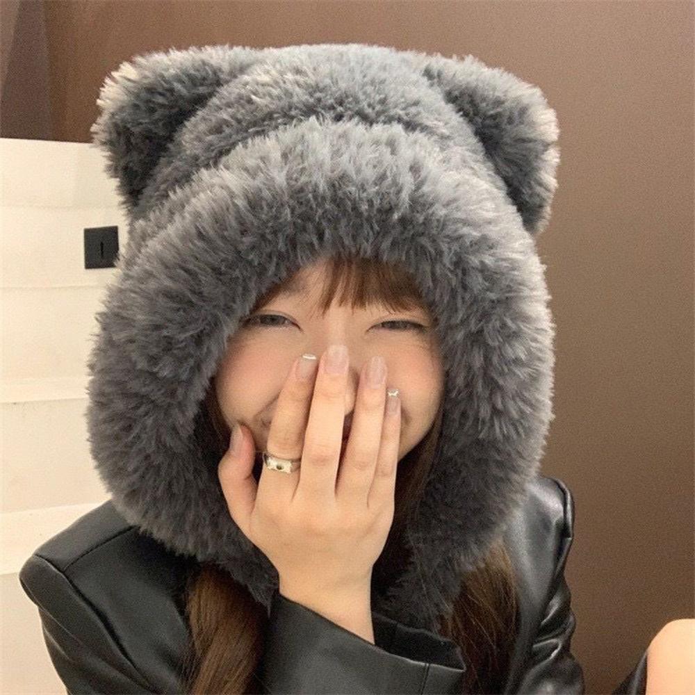 Women Winter Warm Kawaii Fox Fur Imitation Mink Plush Hat Thickened Cute Bear Ear Hat Ear Protection Cosplay Cap