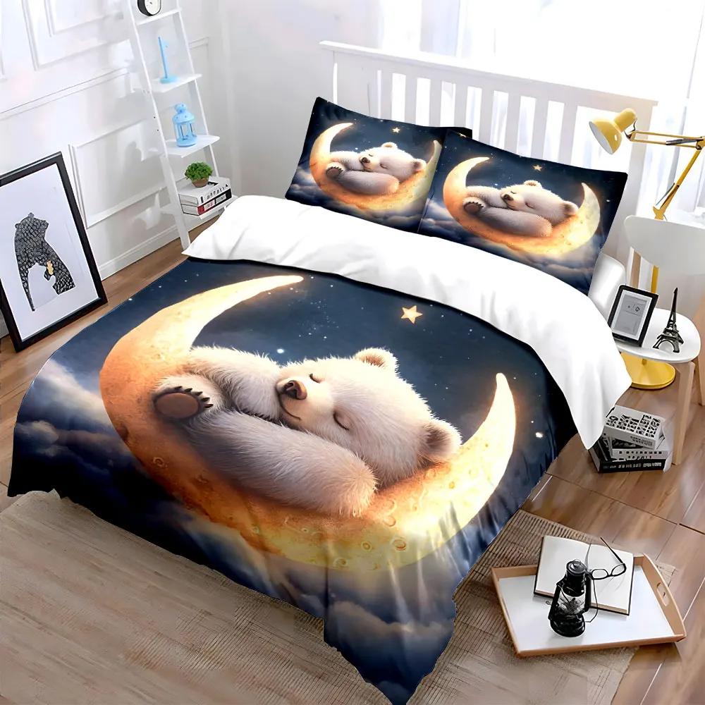 Sleeping Bear Moon Decor Set Soft Comfortable Duvet Cover Bedding Set Included 1*Duvet Cover & 2*Pillowcases gift