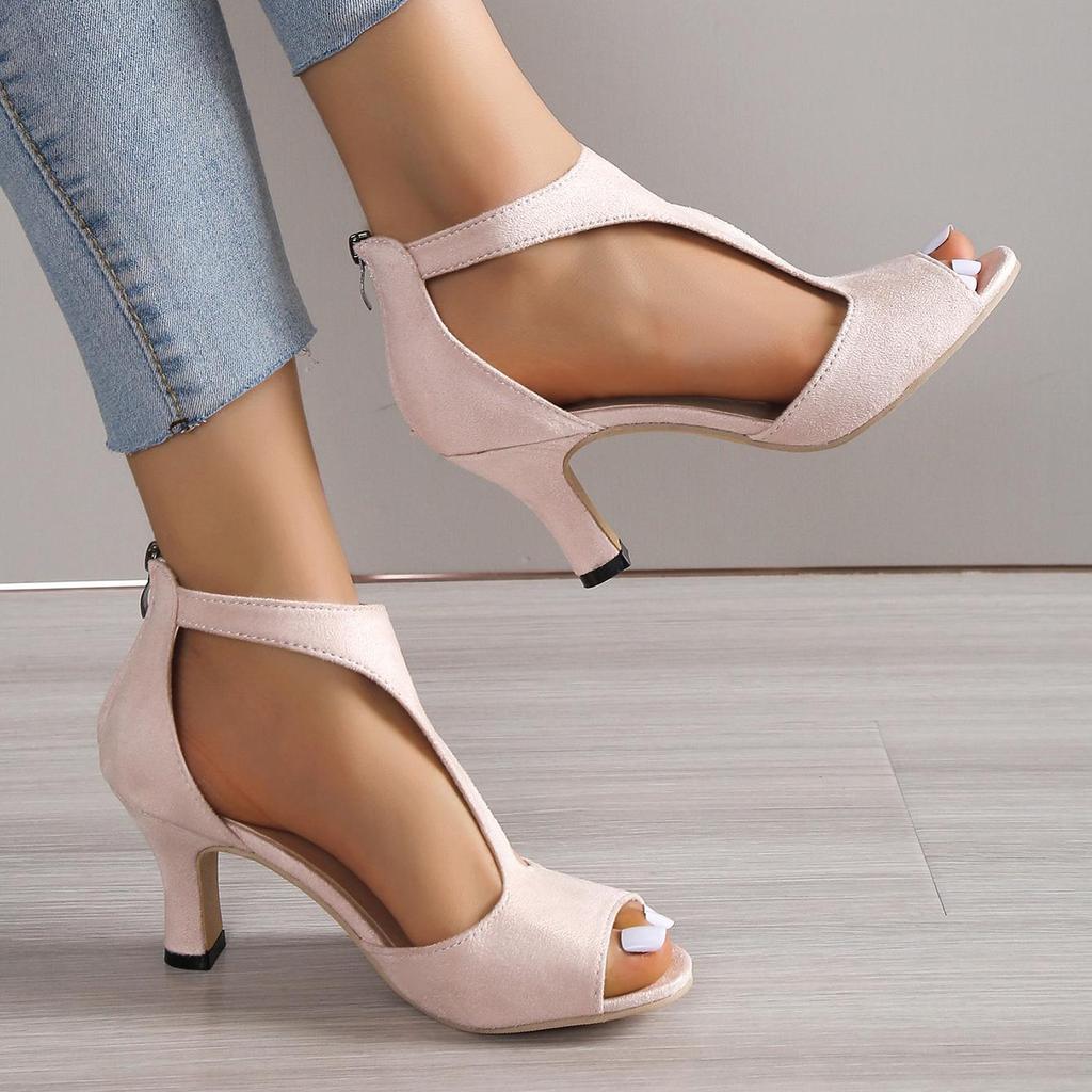 Women Back Zipper Heel Fish Mouth Sandals Summer Large Size Side Air Thin Heel Roman