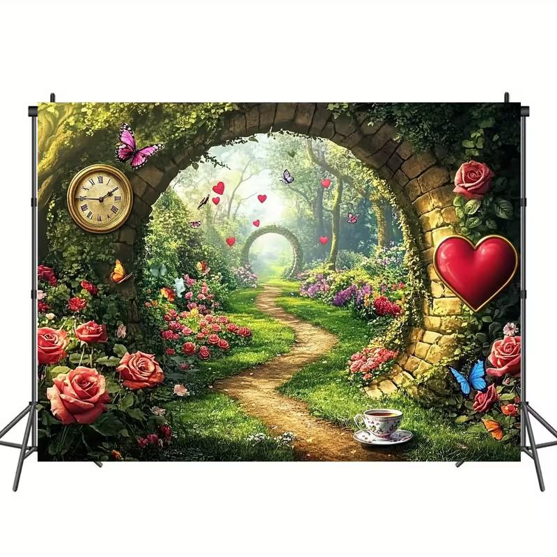 2D Romantic Rose Garden Arch Backdrop Valentine's Day Love Heart Photo Booth Background